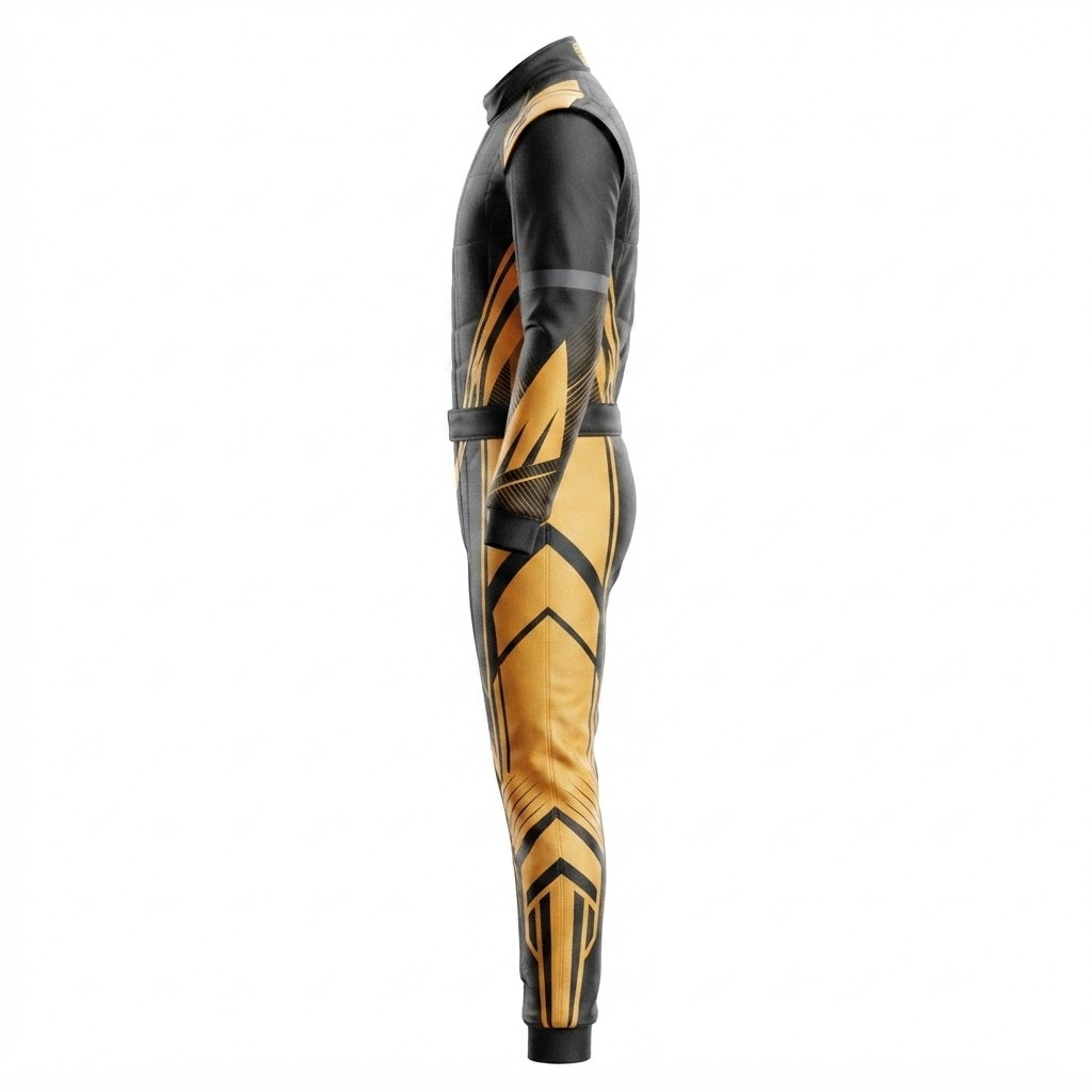 Custom Go Kart Racing Suit – Black & Gold Geometric Design