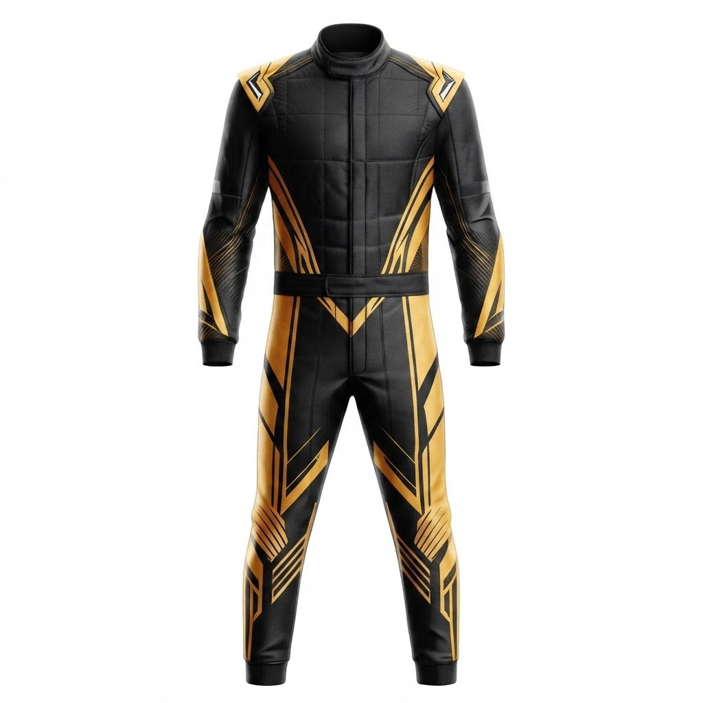 Custom Go Kart Racing Suit – Black & Gold Geometric Design