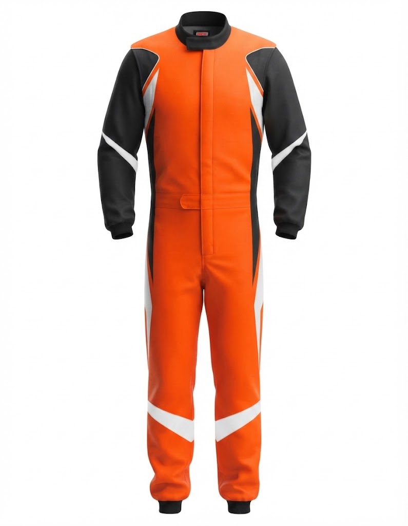 Custom Go Kart Suit – Front View Orange Black White