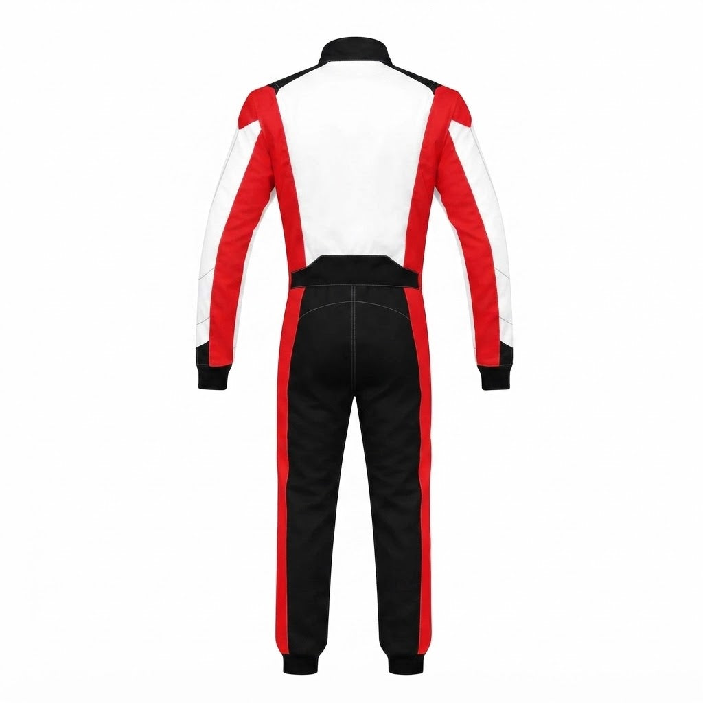 Custom Go Kart Suit – Front View Black Red White Chevron
