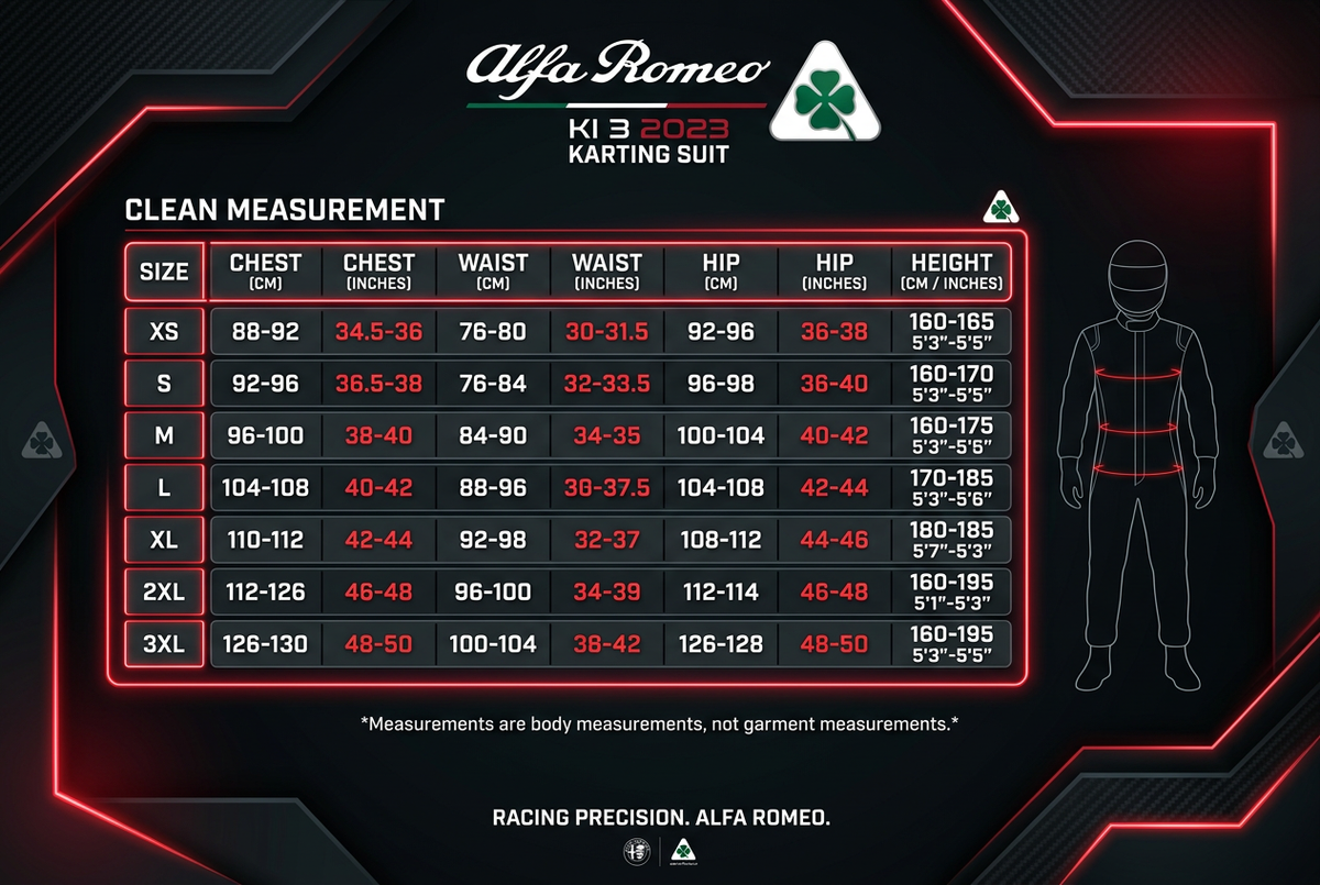 Alfa Romeo KI 3 Karting Suit 2023 - Size Chart