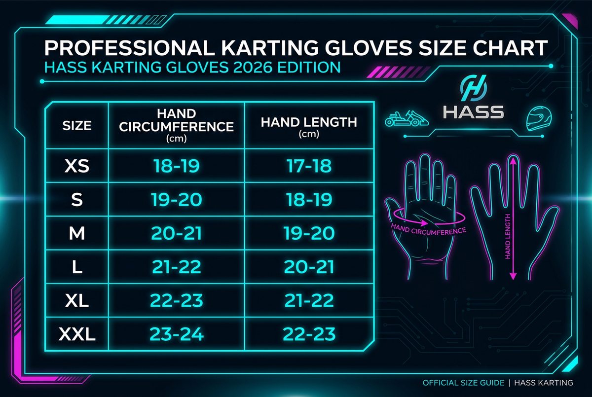 Hass Karting Gloves 2026 size chart XS to XXL