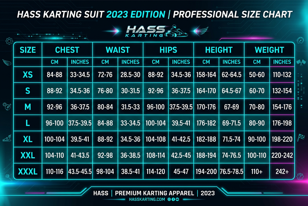 Hass Karting Suit 2023 size chart XS to XXXL