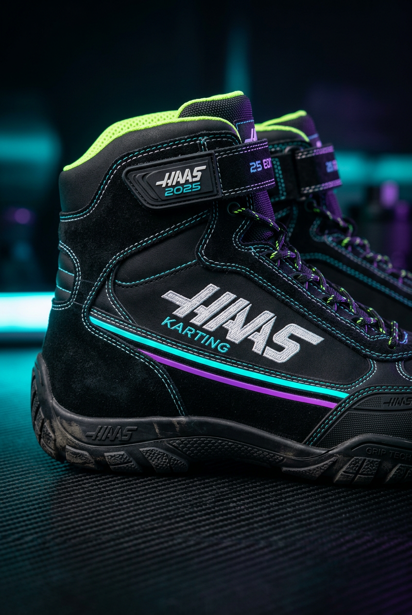 Hass Karting Boots 2025 close-up detail shot