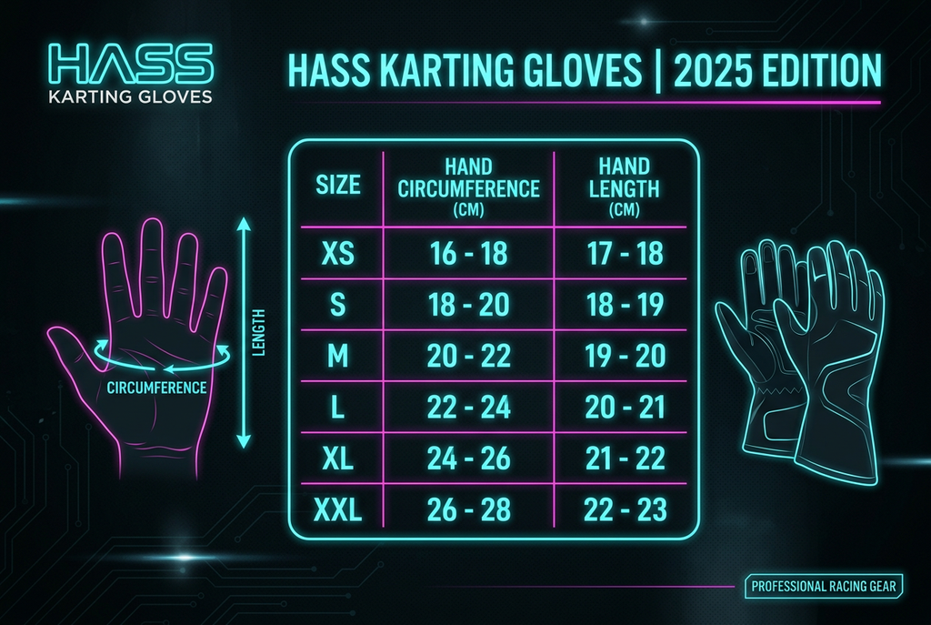 Hass Karting Gloves 2025 size chart XS to XXL
