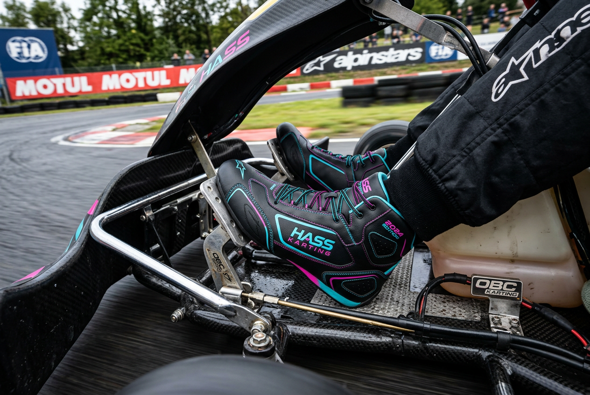Hass Karting Boots 2024 action shot on kart pedals