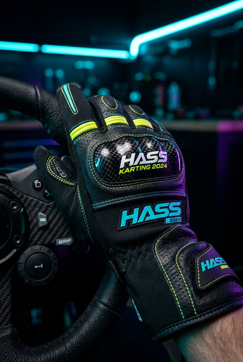 Hass Karting Gloves 2024 close-up detail shot