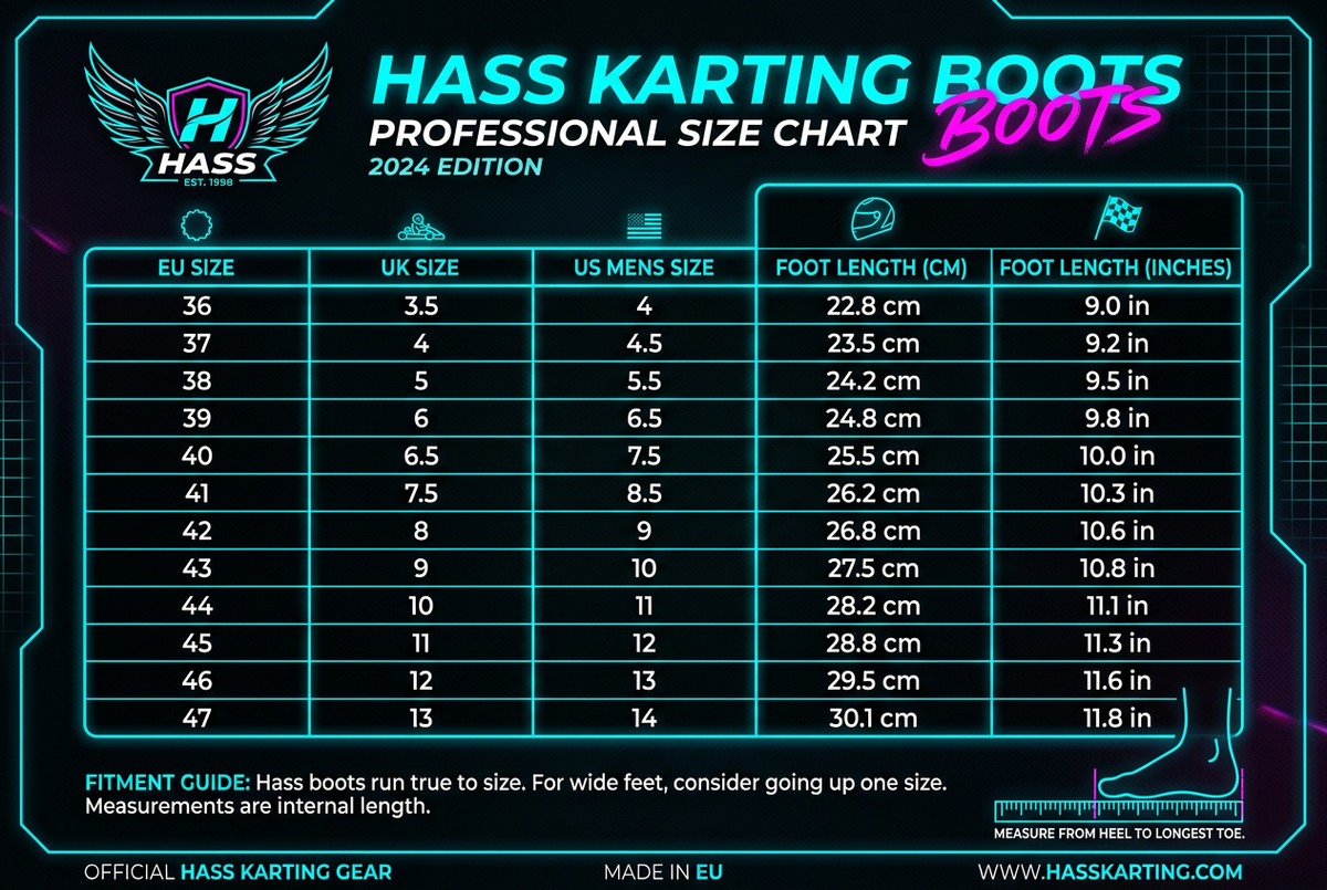 Hass Karting Boots 2024 size chart EU UK US