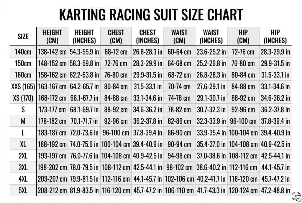 Custom Karting Suit Size Chart