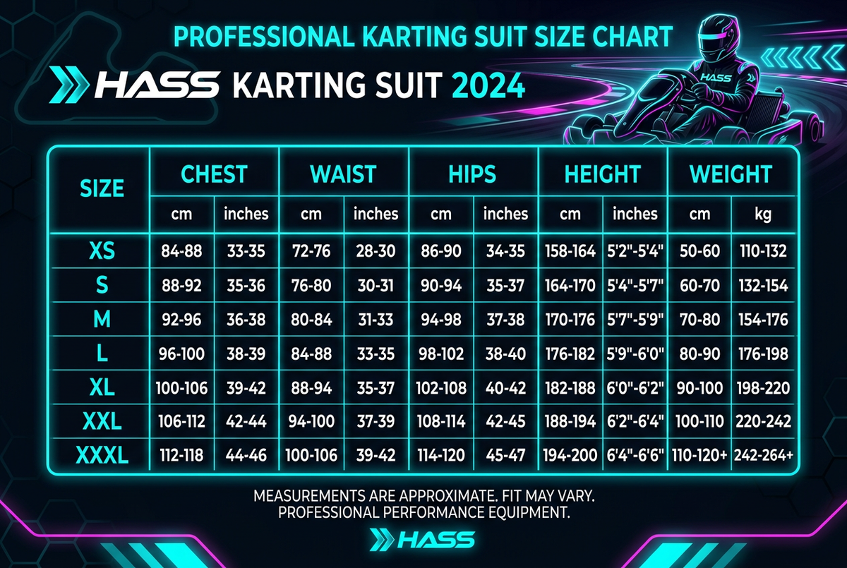 Hass Karting Suit 2024 size chart XS to XXXL