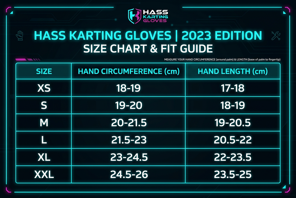Hass Karting Gloves 2023 size chart XS to XXL
