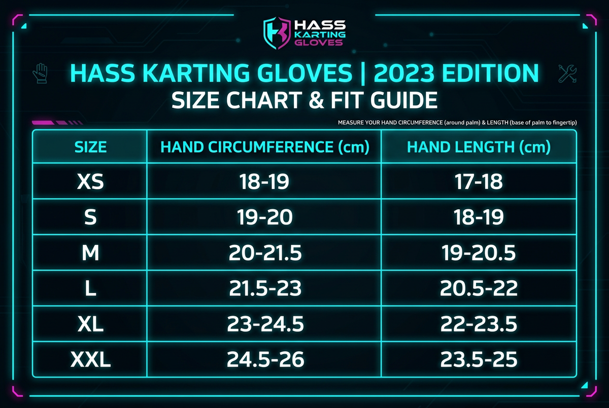 Hass Karting Gloves 2023 size chart XS to XXL