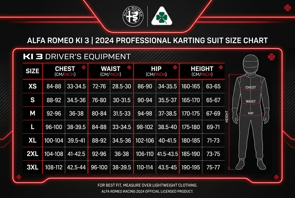 Alfa Romeo KI 3 Karting Suit 2024 - Size Chart