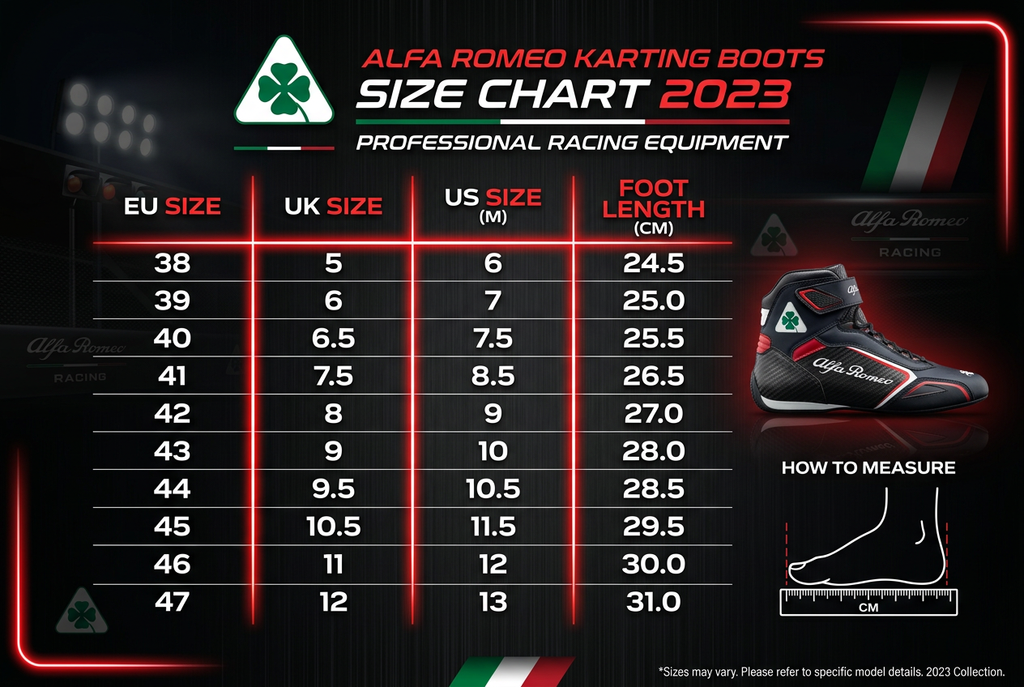 Alfa Romeo Karting Boots 2023 - Size Chart