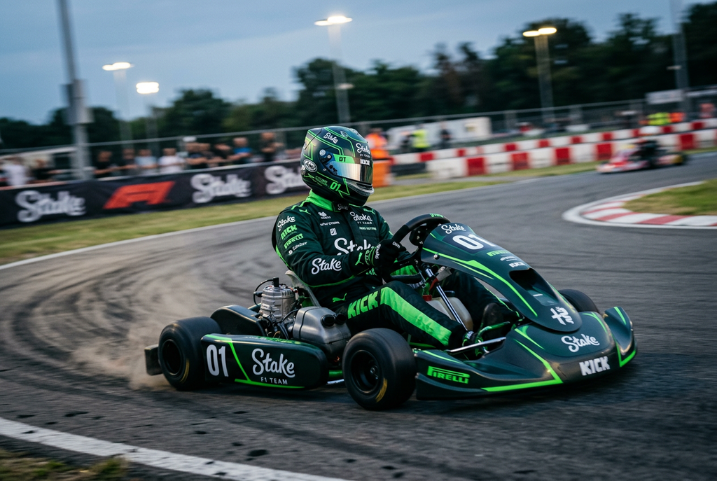 Stake F1 Karting Suit 2026 action track shot