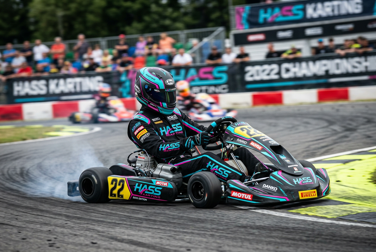Hass Karting Suit 2022 action track shot