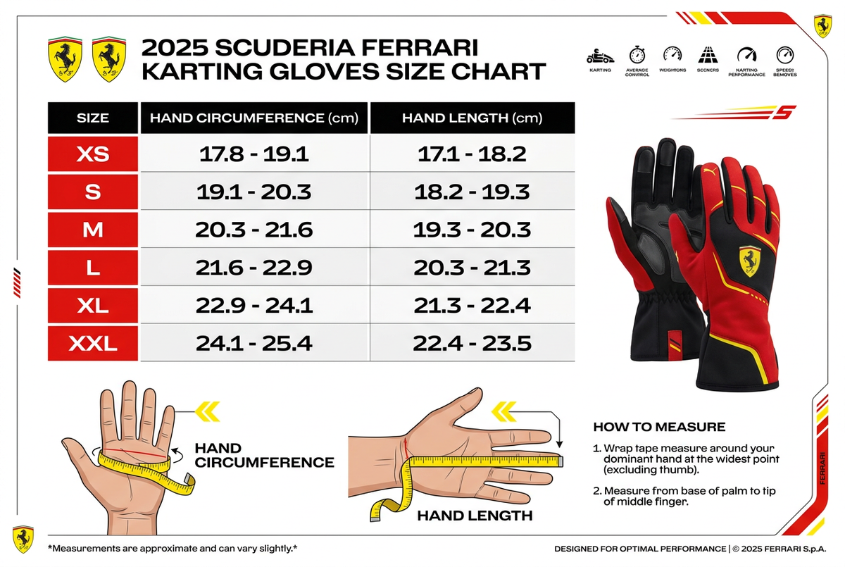 Ferrari 2025 Scuderia Karting Gloves – Size Chart