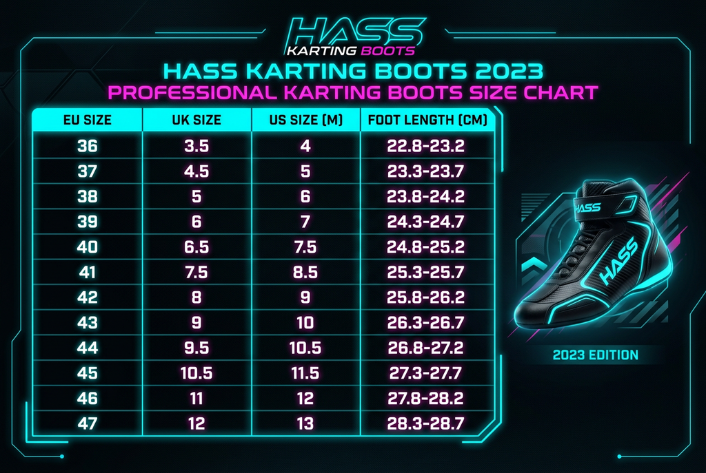 Hass Karting Boots 2023 size chart EU UK US
