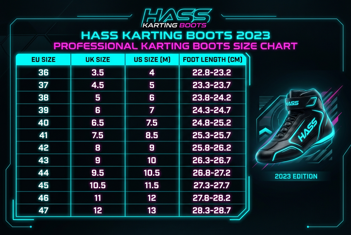 Hass Karting Boots 2023 size chart EU UK US