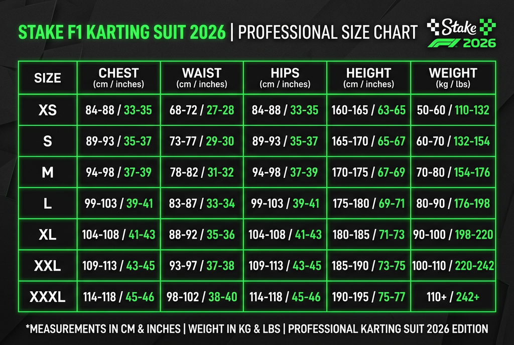 Stake F1 Karting Suit 2026 size chart XS to XXXL