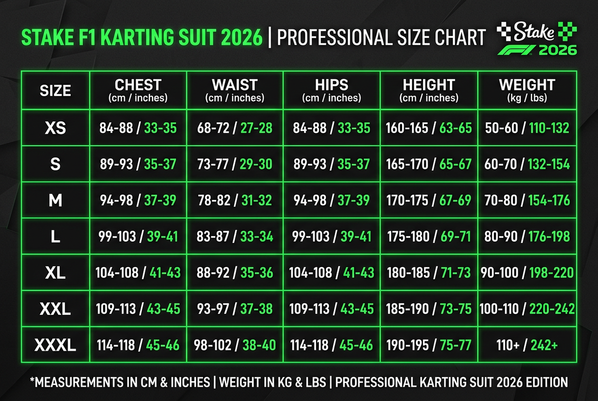Stake F1 Karting Suit 2026 size chart XS to XXXL