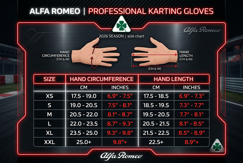 Alfa Romeo Karting Gloves 2026 - Size Chart
