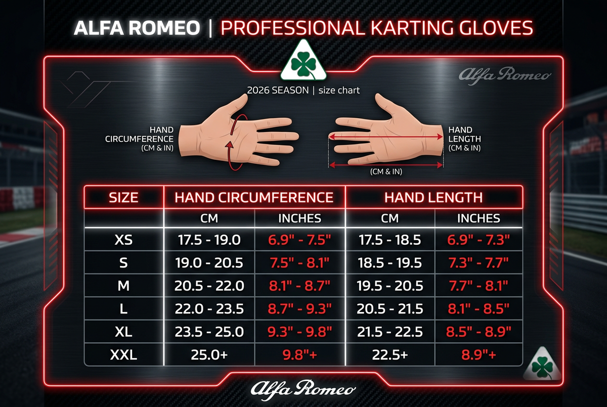 Alfa Romeo Karting Gloves 2026 - Size Chart