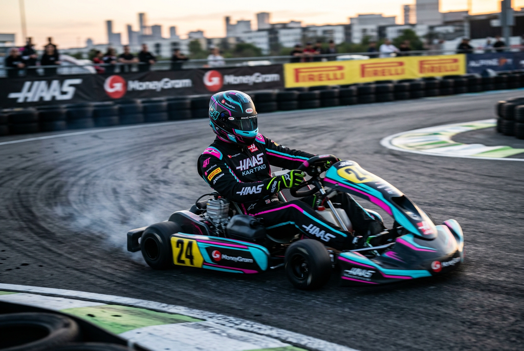 Hass Karting Suit 2024 action track shot