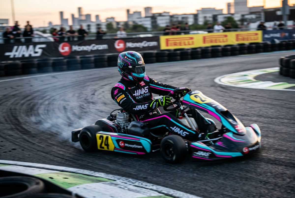Hass Karting Suit 2024 action track shot