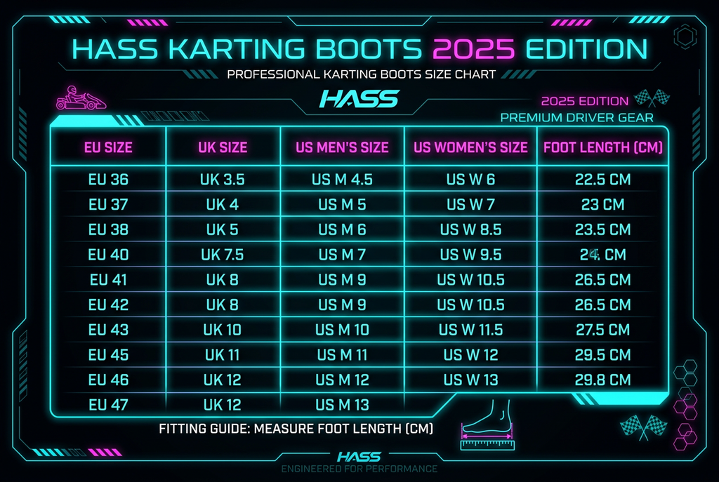 Hass Karting Boots 2025 size chart EU UK US
