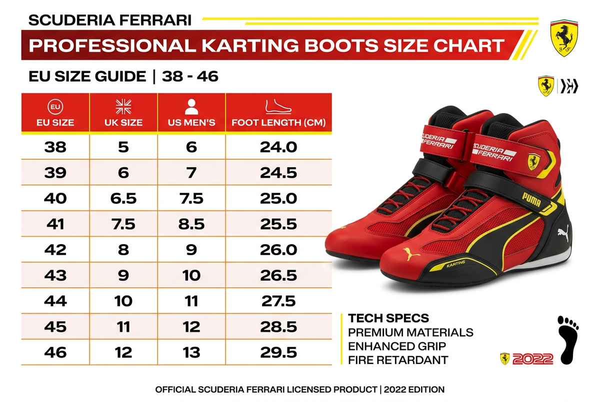 Ferrari 2022 Scuderia Karting Boots – EU Size Chart
