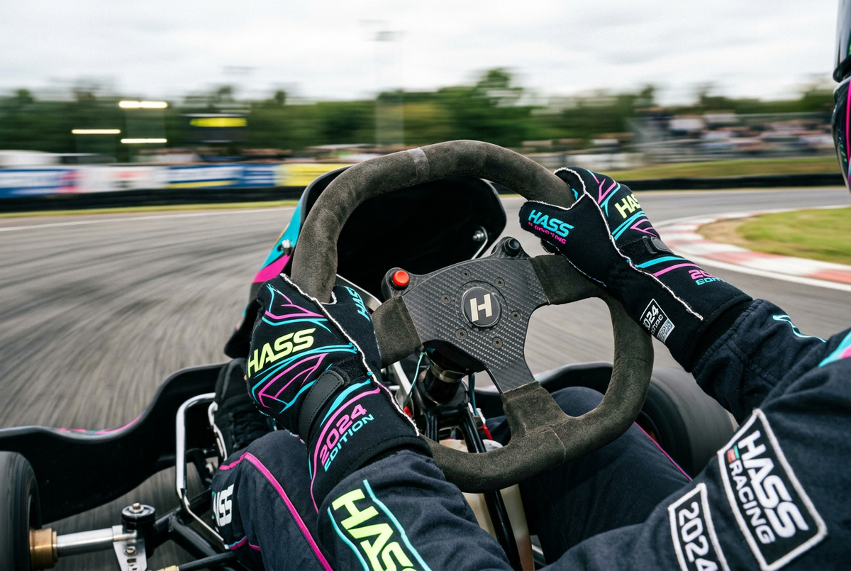 Hass Karting Gloves 2024 action shot on steering wheel