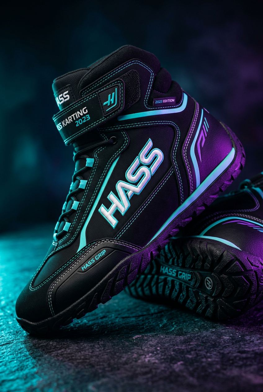 Hass Karting Boots 2023 close-up detail shot