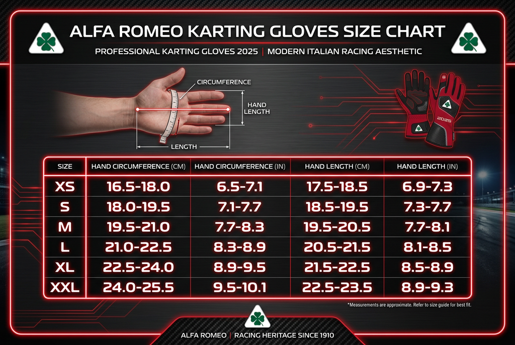 Alfa Romeo Karting Gloves 2025 - Size Chart