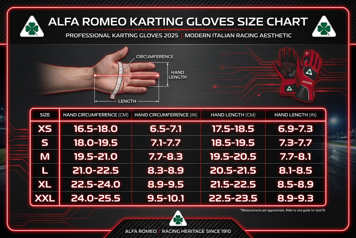 Alfa Romeo Karting Gloves 2025 - Size Chart