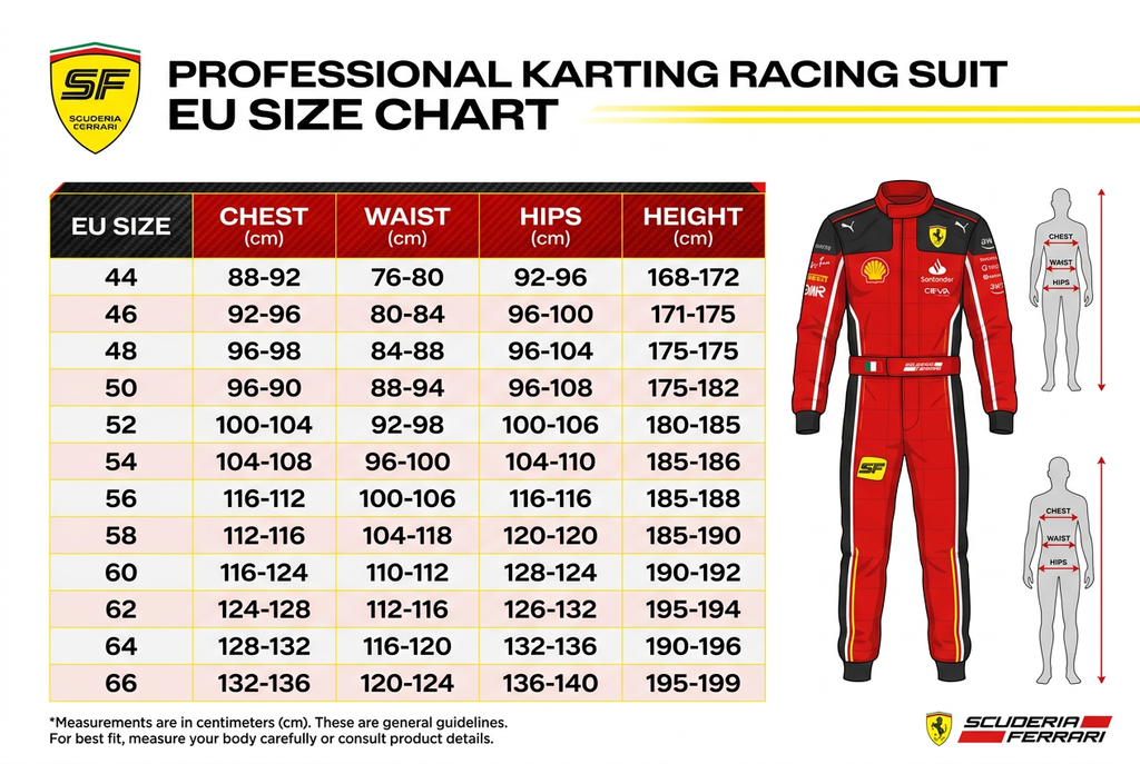 Ferrari 2026 Scuderia Karting Suit – EU Size Chart