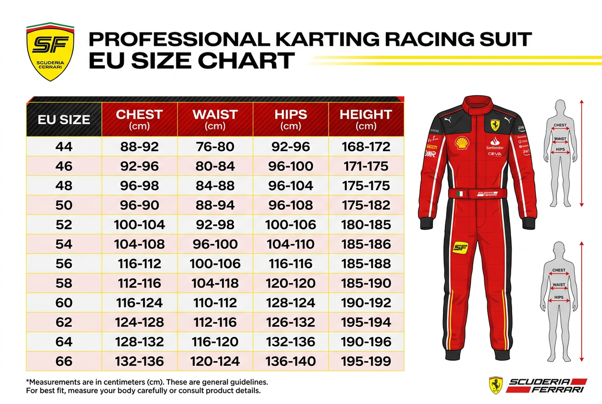 Ferrari 2026 Scuderia Karting Suit – EU Size Chart