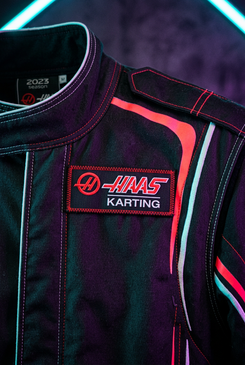 Hass Karting Suit 2023 close-up detail shot