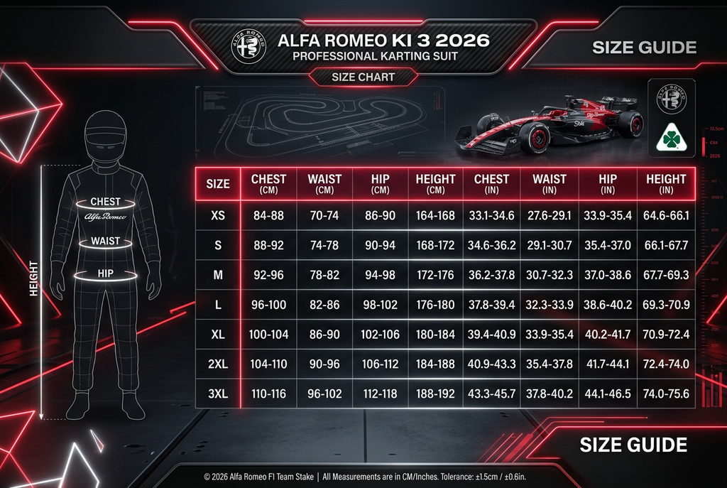 Alfa Romeo KI 3 Karting Suit 2026 - Size Chart