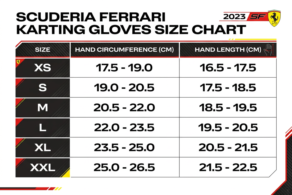 Ferrari 2023 Scuderia Karting Gloves – Size Chart
