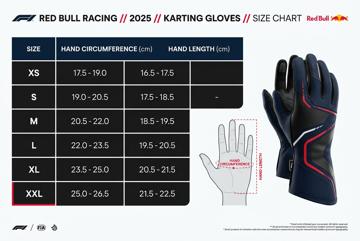 Red Bull Racing 2025 Karting Gloves – Size Chart