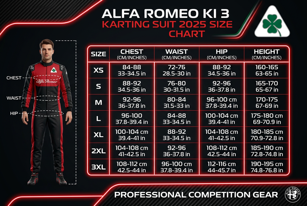 Alfa Romeo KI 3 Karting Suit 2025 - Size Chart