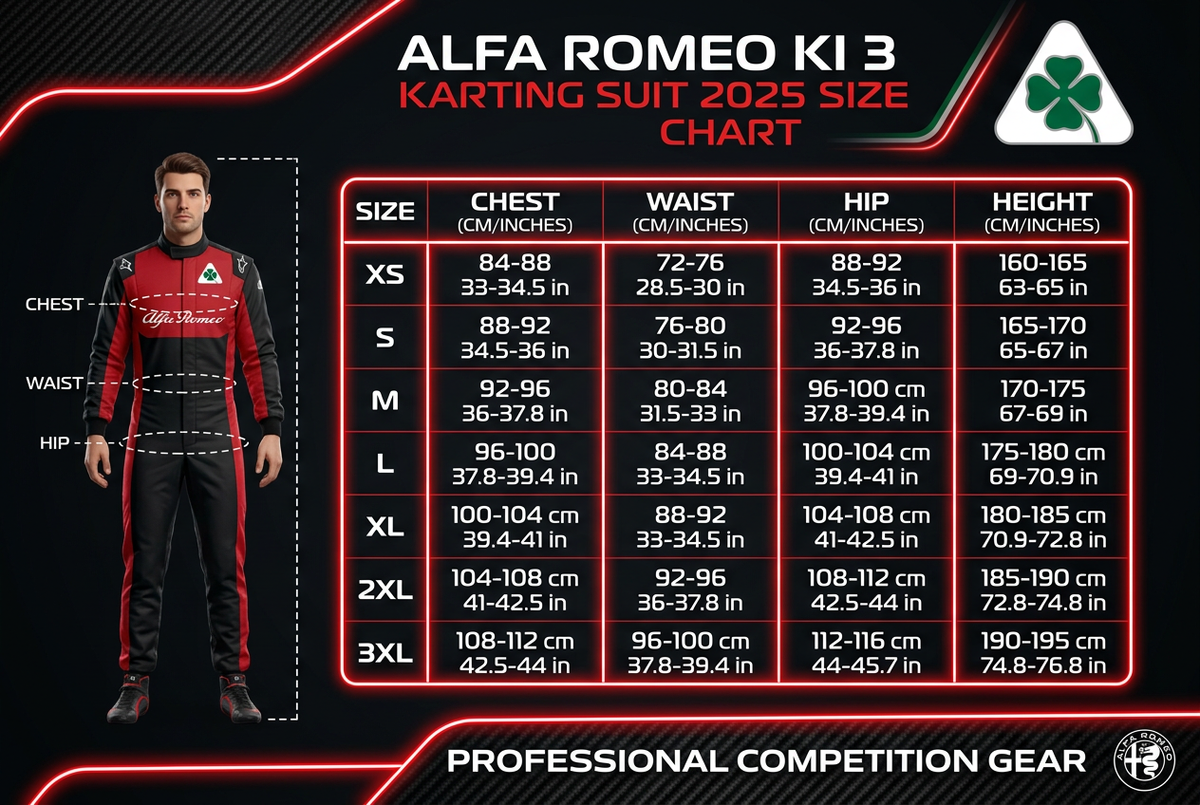 Alfa Romeo KI 3 Karting Suit 2025 - Size Chart