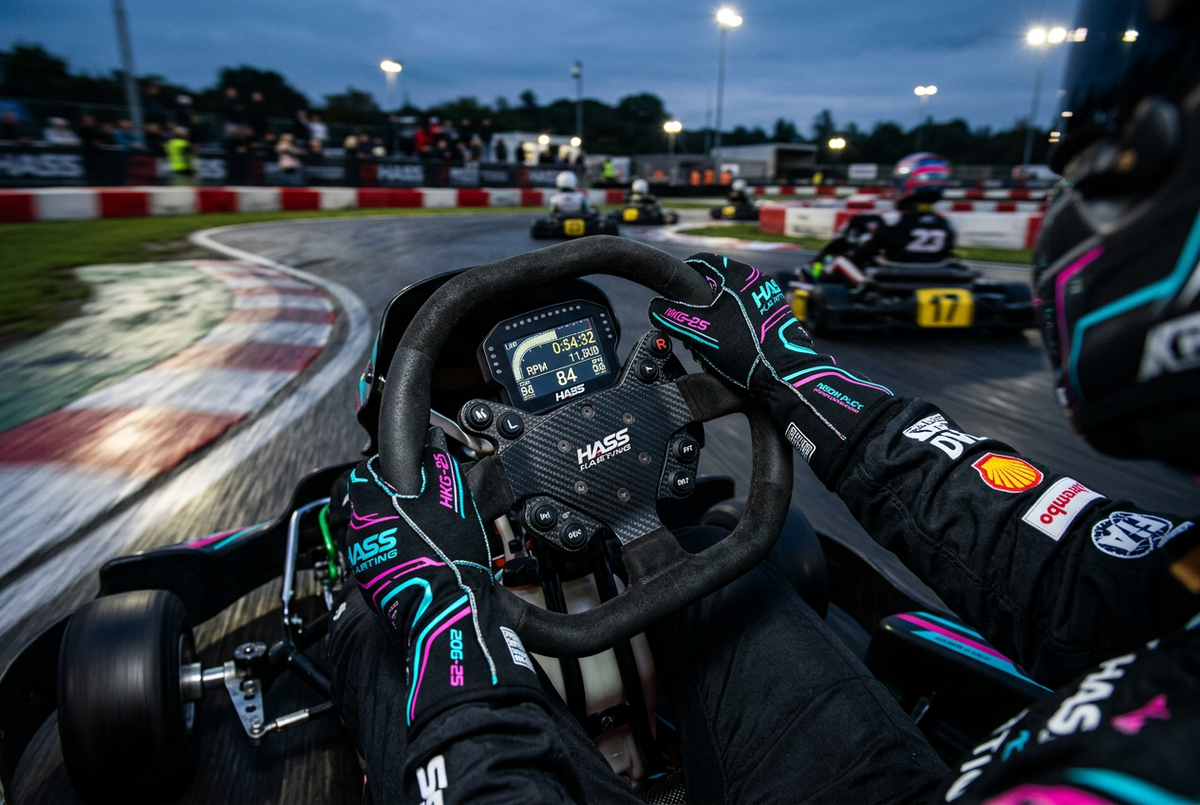 Hass Karting Gloves 2025 action shot on steering wheel