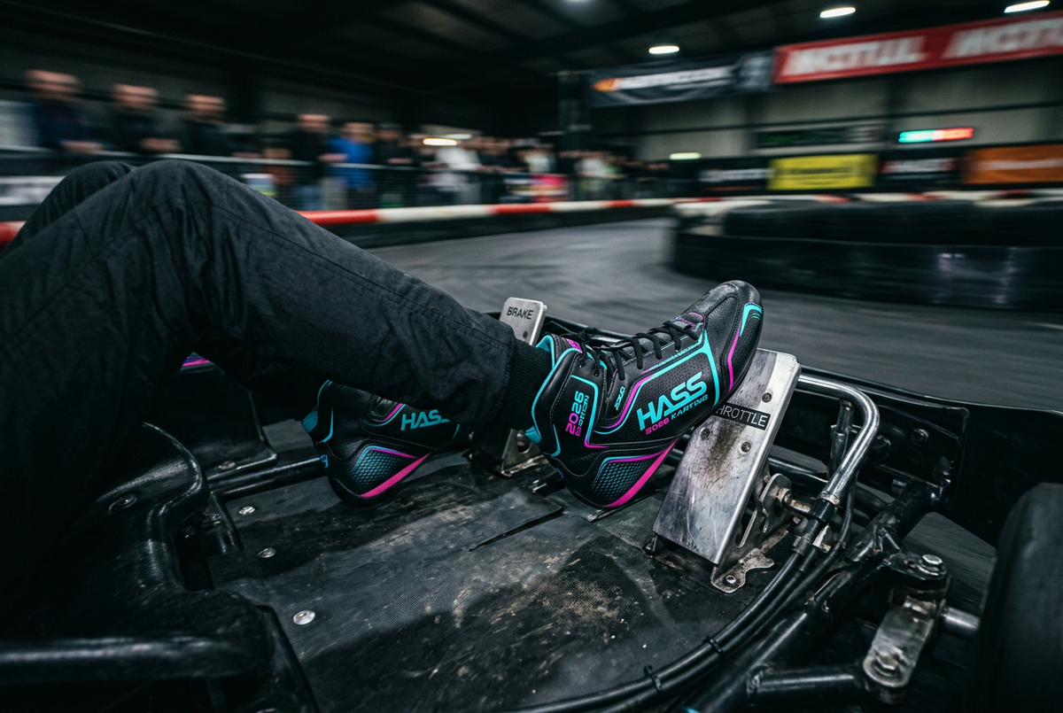 Hass Karting Boots 2026 action shot on kart pedals