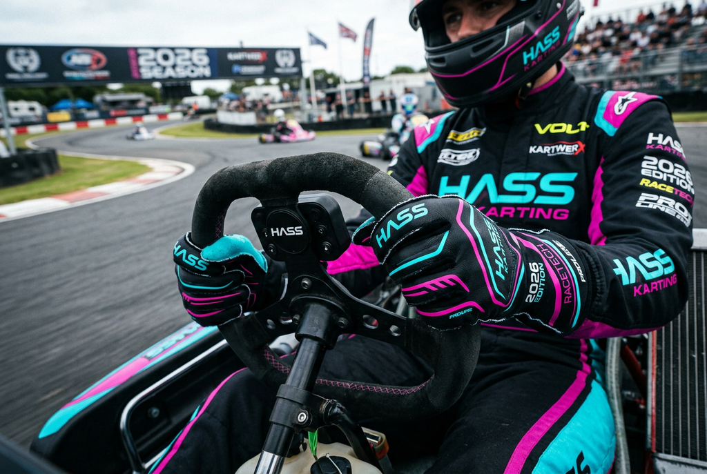 Hass Karting Gloves 2026 action shot on steering wheel