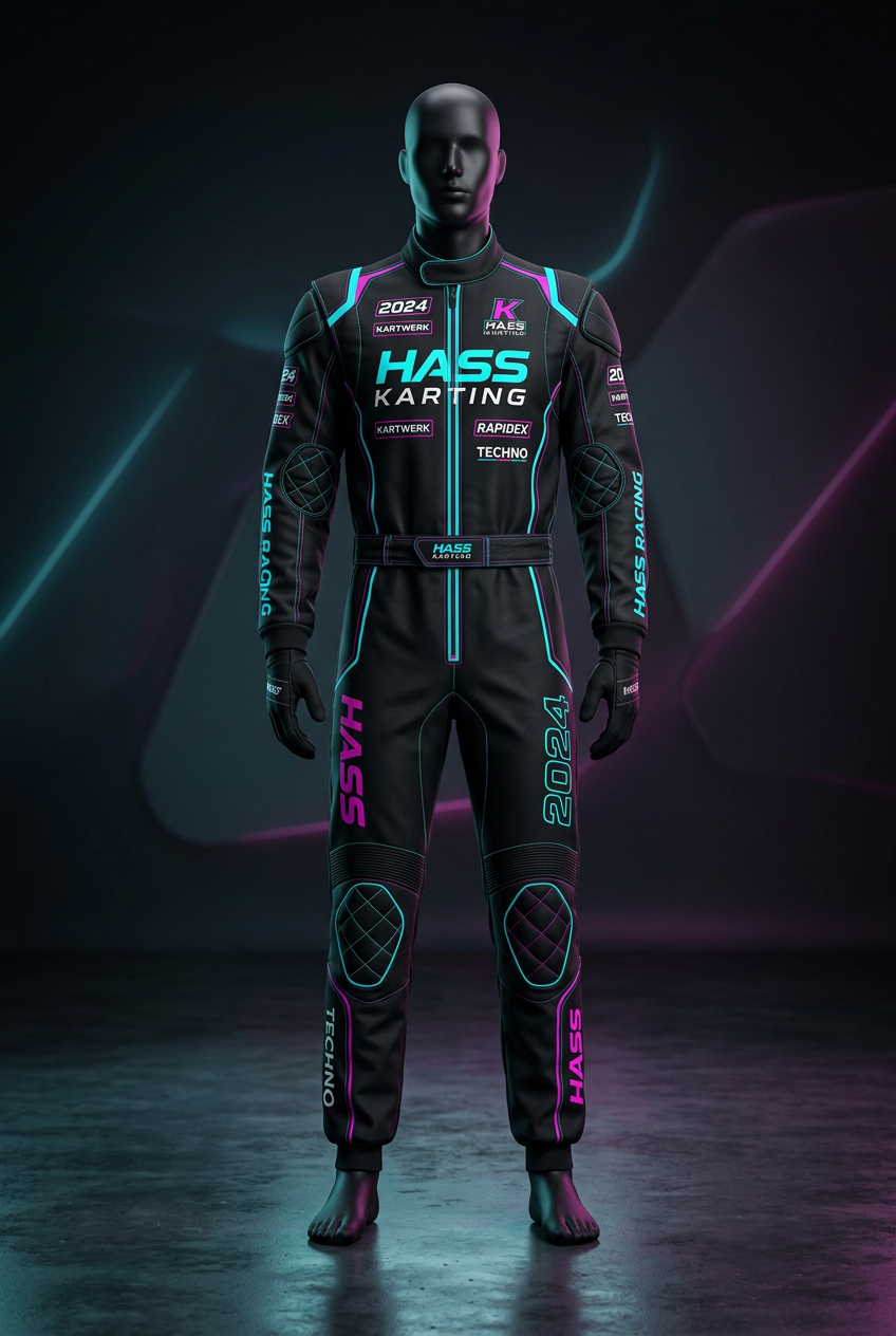 Hass Karting Suit 2024 full studio shot