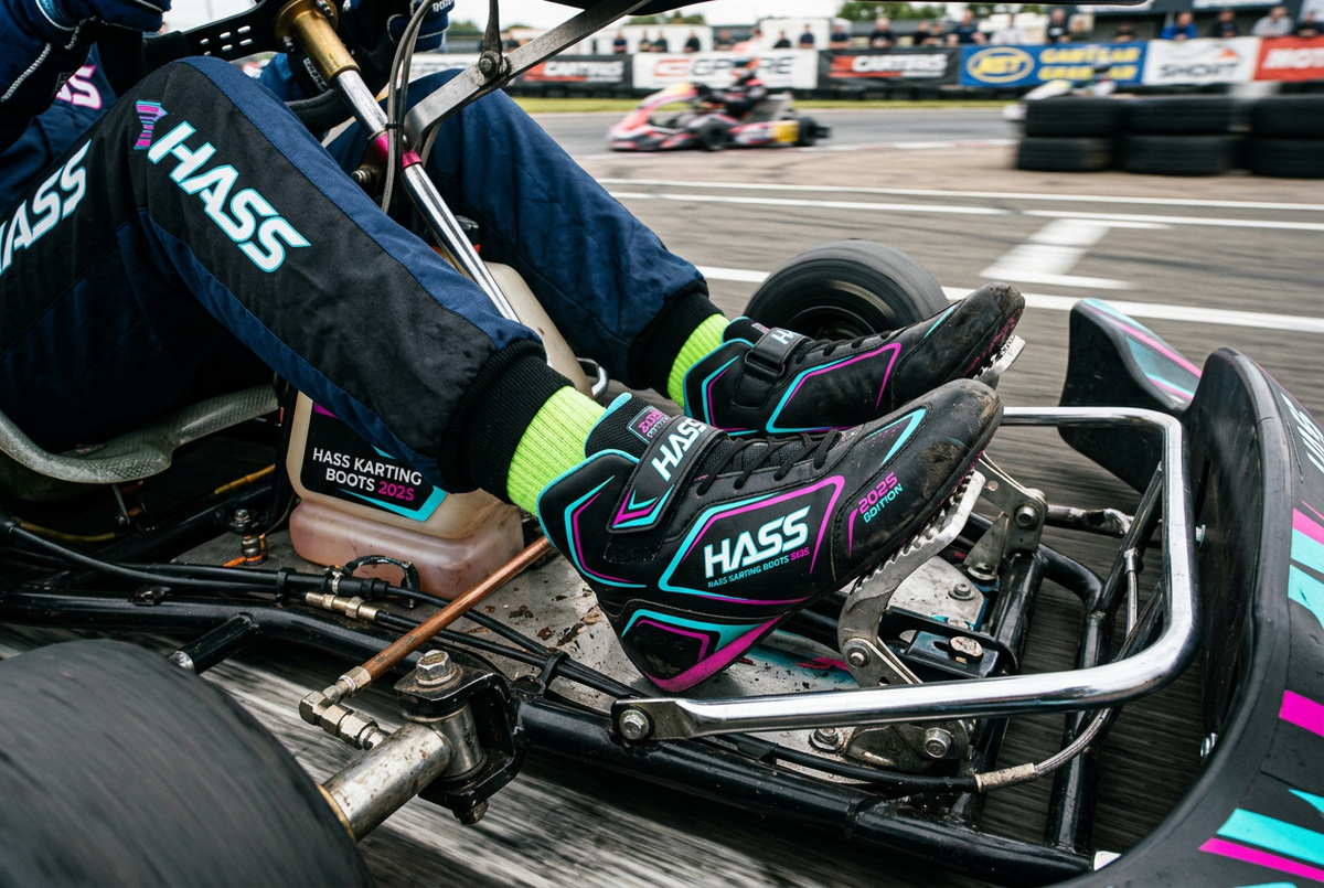 Hass Karting Boots 2025 action shot on kart pedals