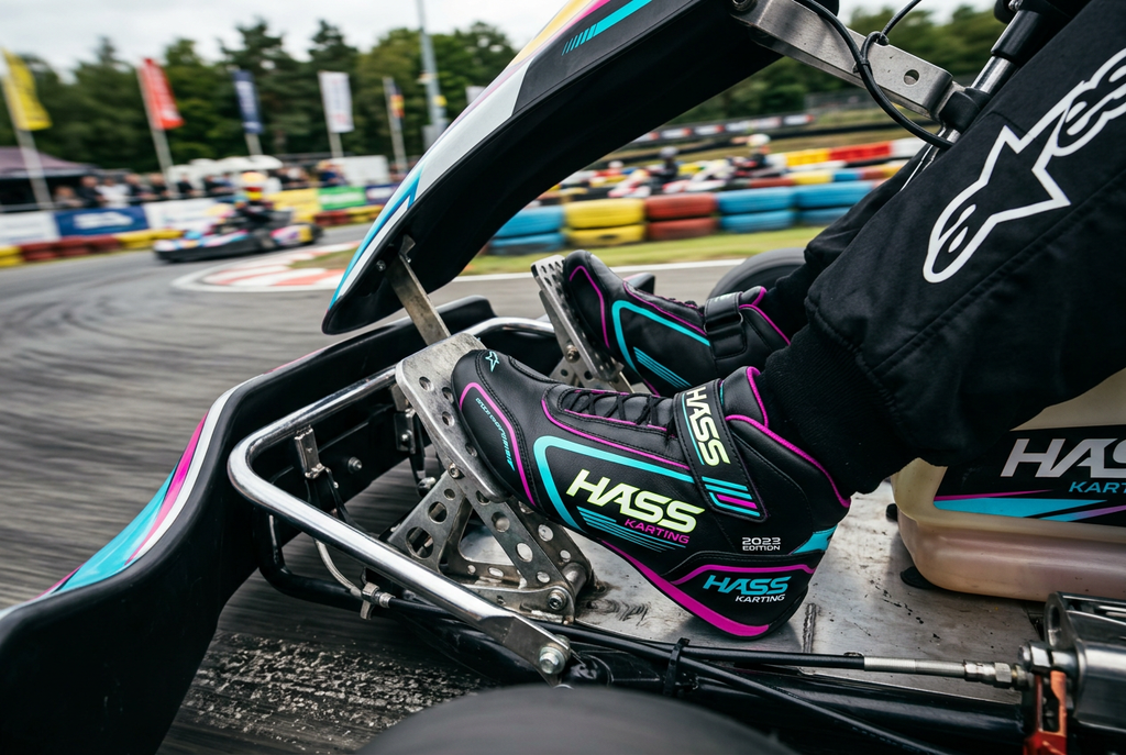Hass Karting Boots 2023 action shot on kart pedals