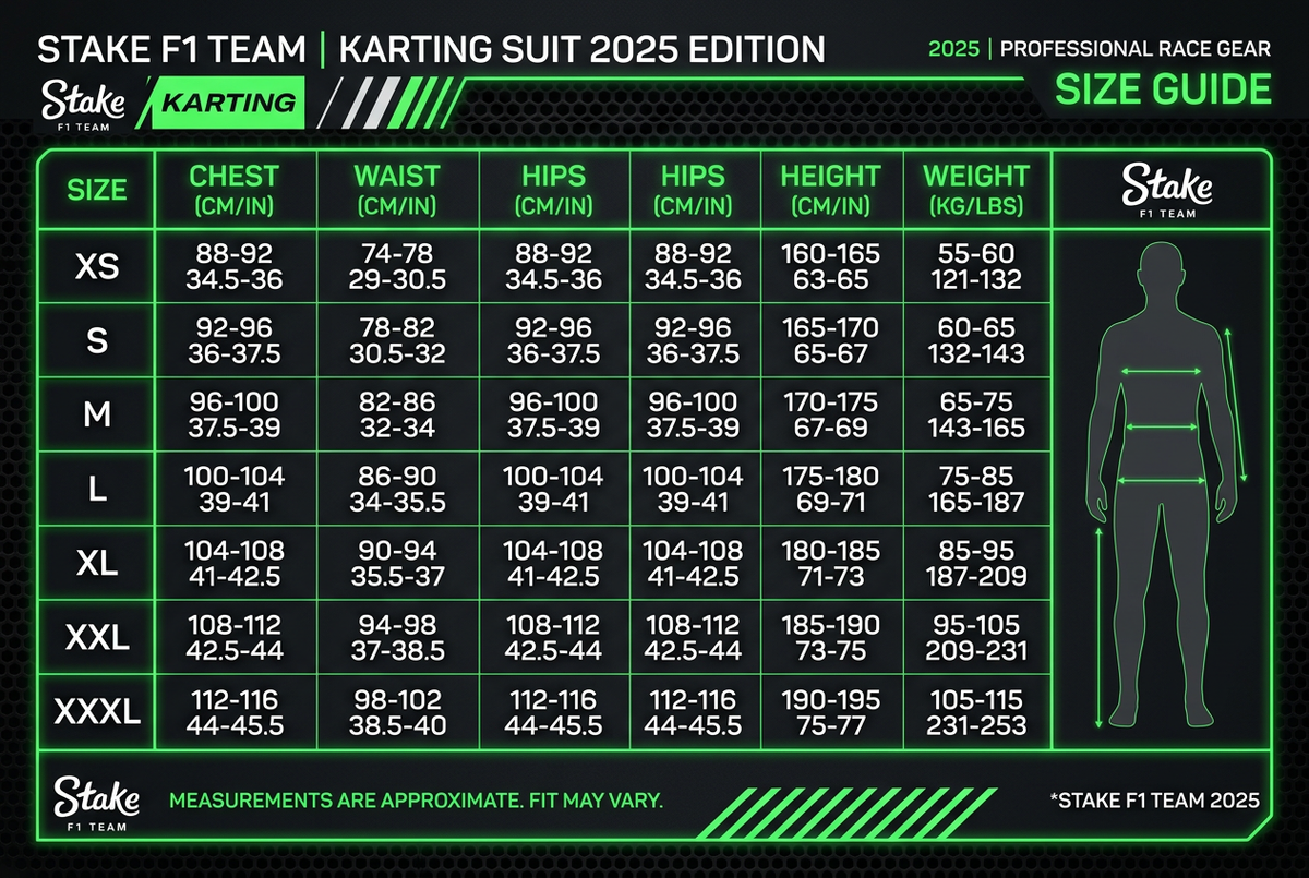 Stake F1 Karting Suit 2025 size chart XS to XXXL